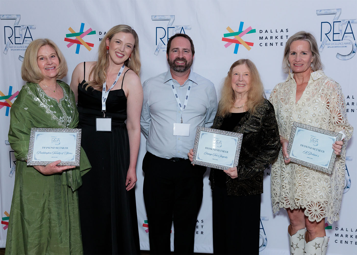 Pam Hammond, Kelly Jean Cooney and Joe Collins of Paddington Family of Stores;&nbsp;Carol Schroeder&nbsp;of Orange Tree Imports; and Alison Dodson of A. Dodson&rsquo;s each accepted a Diamond Retailer award.